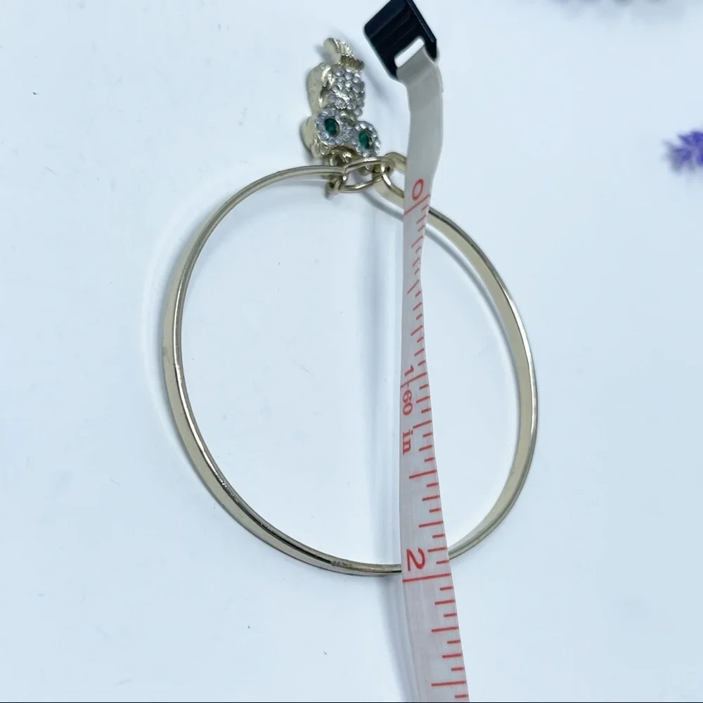Retro Green Eyed Rhinestone Owl Gold Tone Bangle Bracelet